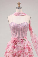 Laden Sie das Bild in den Galerie-Viewer, A-Line Pink Sweetheart Korsett, gestuftes Blumenperlen-Homecoming-Kleid mit Halsschal