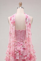 Laden Sie das Bild in den Galerie-Viewer, A-Line Pink Sweetheart Korsett, gestuftes Blumenperlen-Homecoming-Kleid mit Halsschal