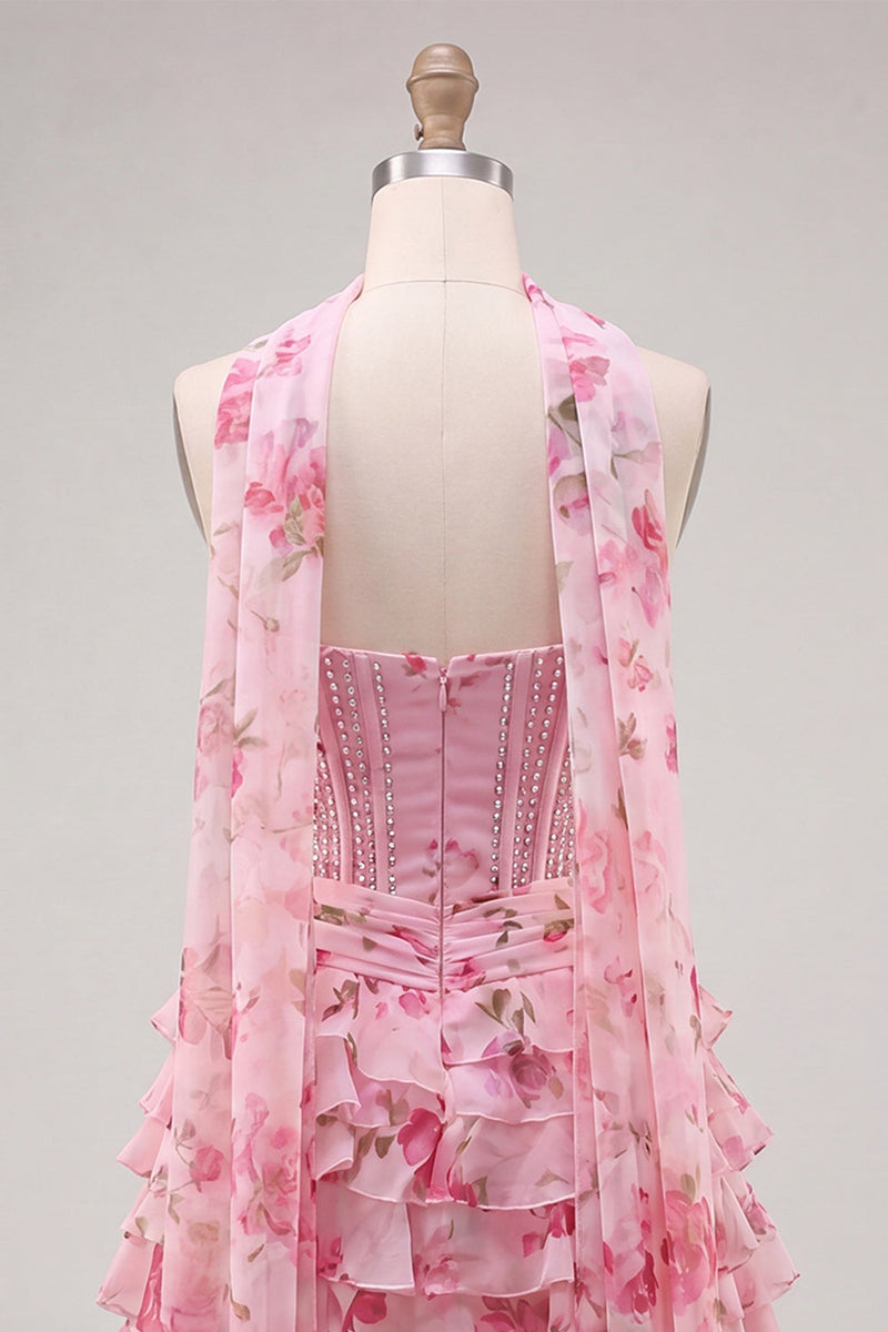 Laden Sie das Bild in den Galerie-Viewer, A-Line Pink Sweetheart Korsett, gestuftes Blumenperlen-Homecoming-Kleid mit Halsschal