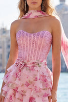 Laden Sie das Bild in den Galerie-Viewer, A-Line Pink Sweetheart Korsett, gestuftes Blumenperlen-Homecoming-Kleid mit Halsschal