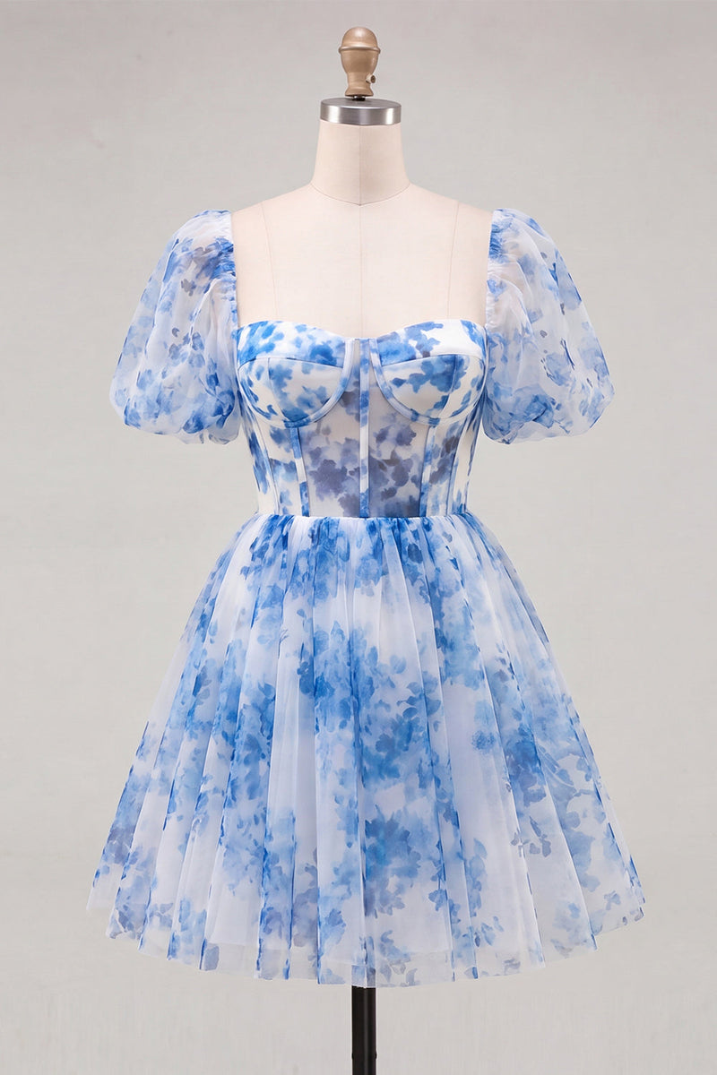 Laden Sie das Bild in den Galerie-Viewer, A-Linie blaues quadratisches Korsett-Floral-Homecoming-Kleid mit Spitze auf dem Rücken