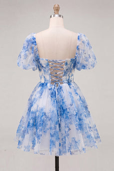 A-Linie Blaues Quadratisches Korsett Floral Kurzes Abendkleid mit Rückenschnürung