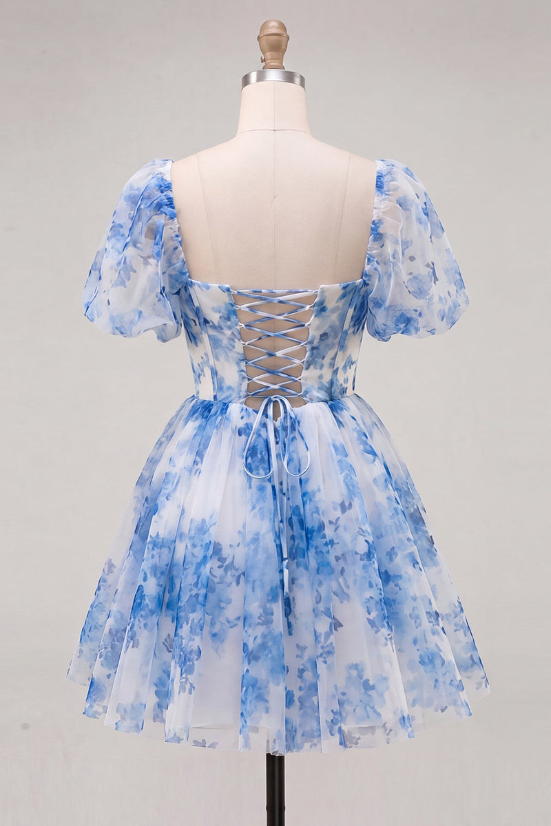 Laden Sie das Bild in den Galerie-Viewer, A-Linie blaues quadratisches Korsett-Floral-Homecoming-Kleid mit Spitze auf dem Rücken