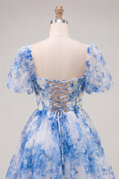 Laden Sie das Bild in den Galerie-Viewer, A-Linie blaues quadratisches Korsett-Floral-Homecoming-Kleid mit Spitze auf dem Rücken