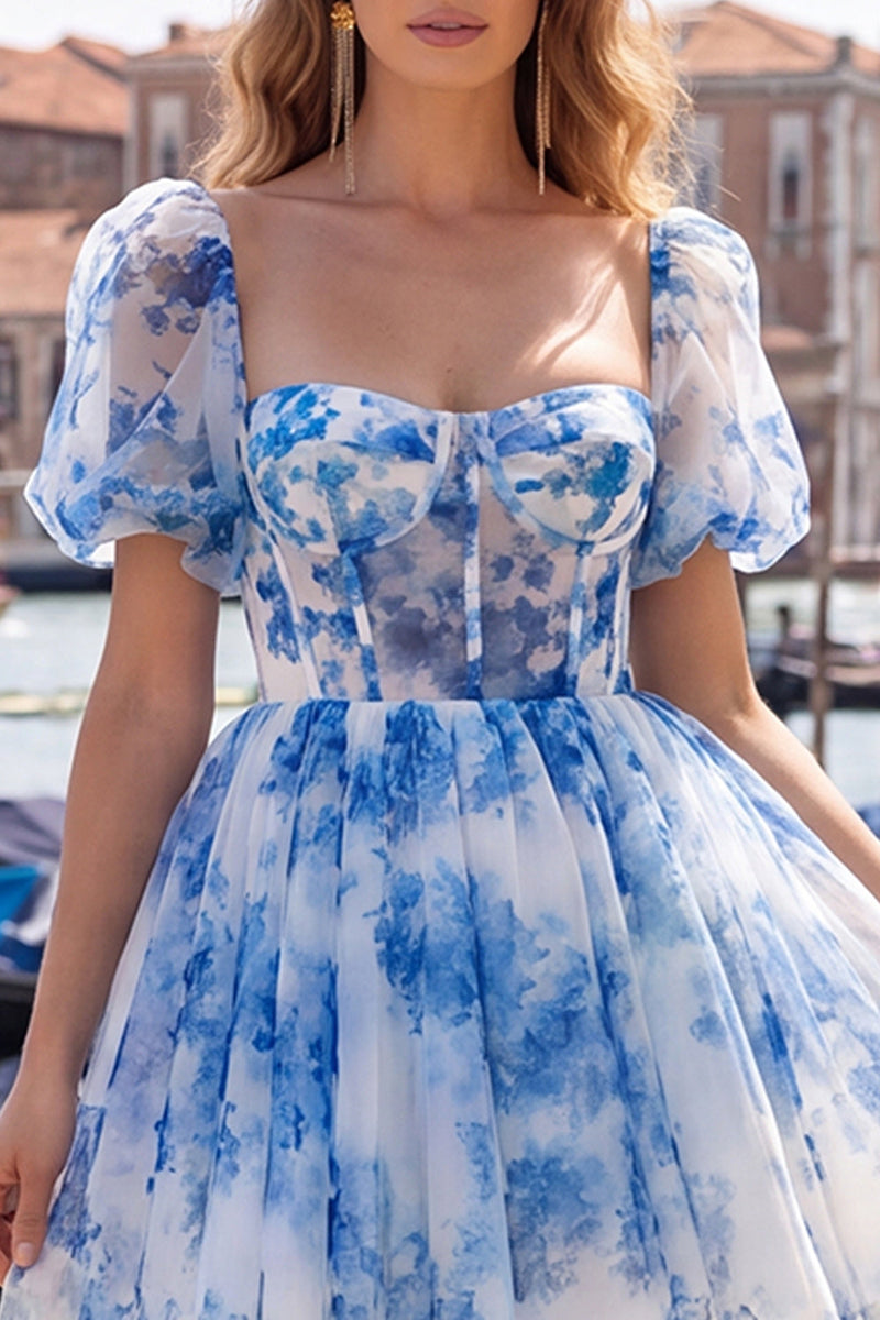 Laden Sie das Bild in den Galerie-Viewer, A-Linie blaues quadratisches Korsett-Floral-Homecoming-Kleid mit Spitze auf dem Rücken