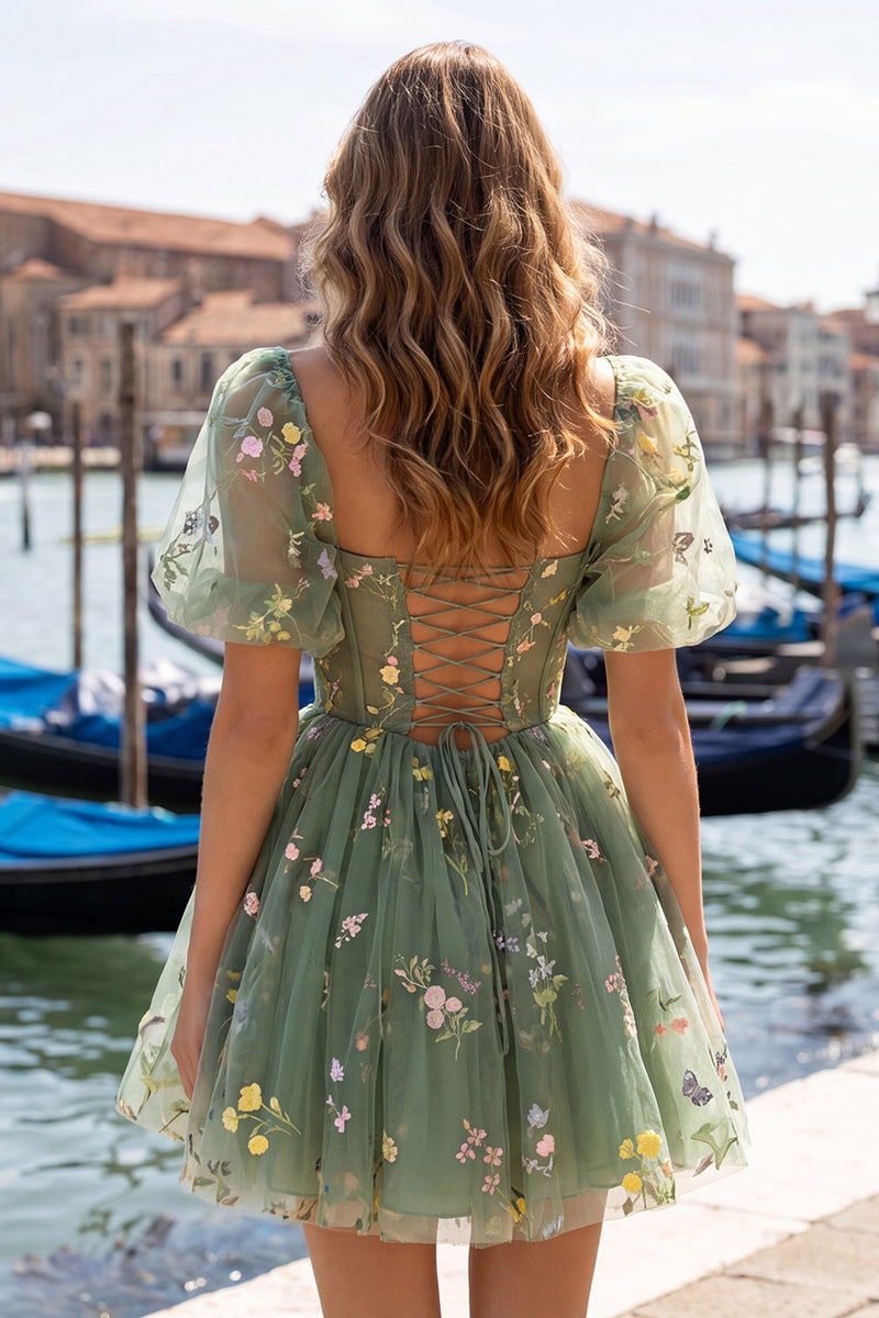 Laden Sie das Bild in den Galerie-Viewer, A-Linie blaues quadratisches Korsett-Floral-Homecoming-Kleid mit Spitze auf dem Rücken