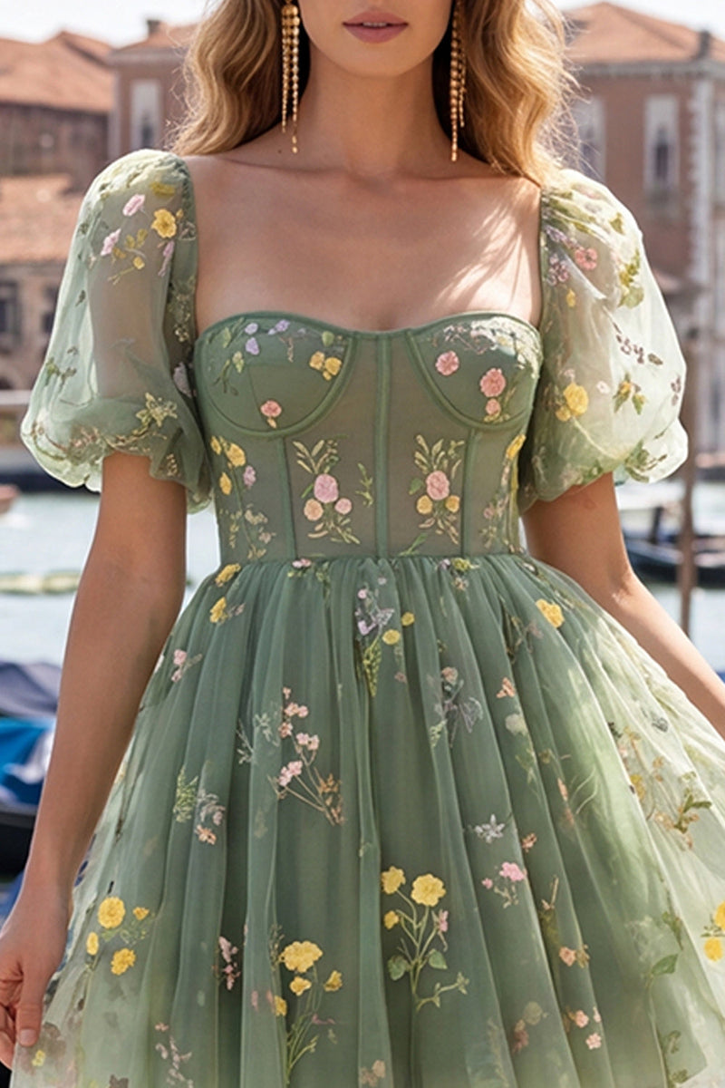 Laden Sie das Bild in den Galerie-Viewer, A-Linie blaues quadratisches Korsett-Floral-Homecoming-Kleid mit Spitze auf dem Rücken