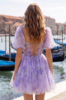 Laden Sie das Bild in den Galerie-Viewer, A-Linie blaues quadratisches Korsett-Floral-Homecoming-Kleid mit Spitze auf dem Rücken