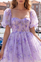 Laden Sie das Bild in den Galerie-Viewer, A-Linie blaues quadratisches Korsett-Floral-Homecoming-Kleid mit Spitze auf dem Rücken