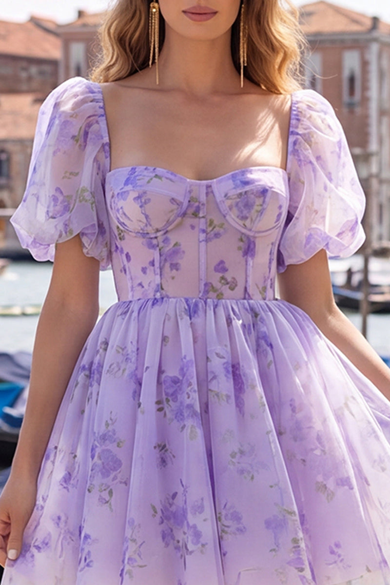 Laden Sie das Bild in den Galerie-Viewer, A-Linie blaues quadratisches Korsett-Floral-Homecoming-Kleid mit Spitze auf dem Rücken