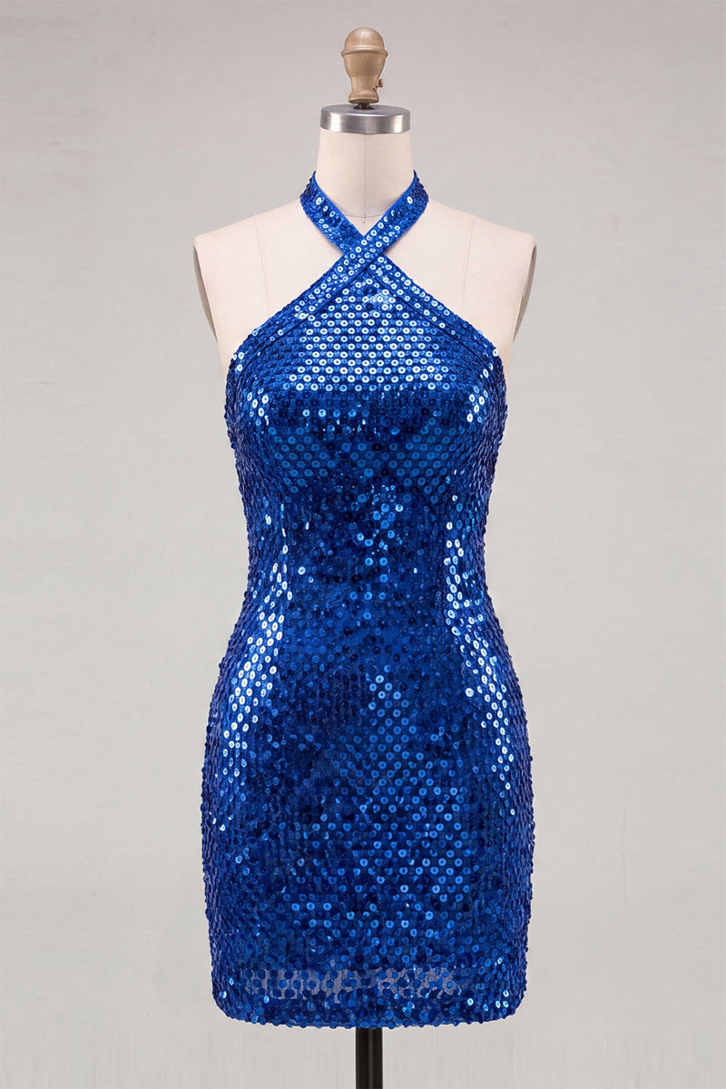 Laden Sie das Bild in den Galerie-Viewer, Glitzerndes königsblaues Bodycon Neckholder-Pailletten-Kurzes Homecoming-Kleid mit offenem Rücken