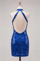 Laden Sie das Bild in den Galerie-Viewer, Glitzerndes königsblaues Bodycon Neckholder-Pailletten-Kurzes Homecoming-Kleid mit offenem Rücken