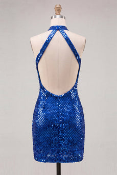 Glitzerndes Königsblaues Bodycon Neckholder Pailletten Kurzes Abendkleid mit offenem Rücken