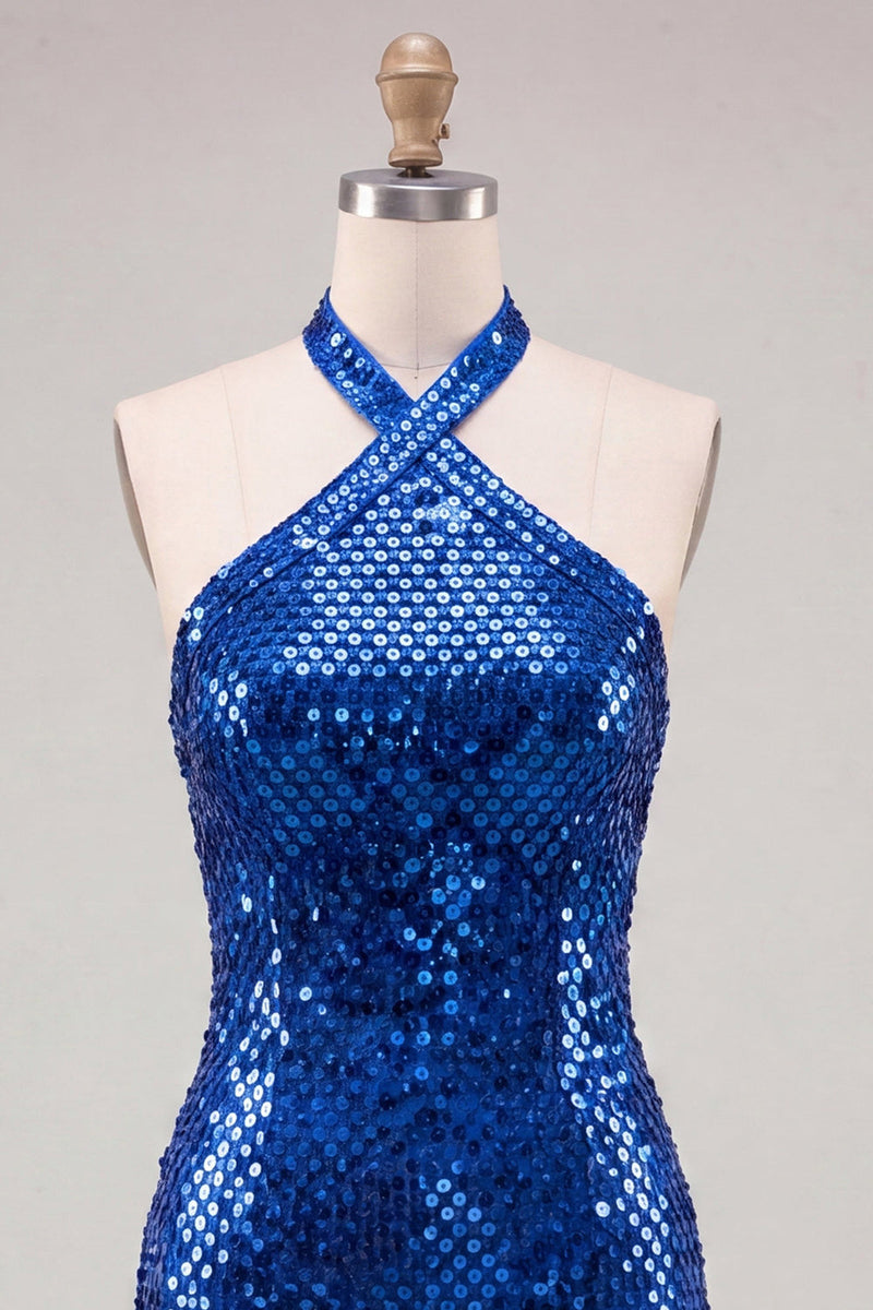 Laden Sie das Bild in den Galerie-Viewer, Glitzerndes königsblaues Bodycon Neckholder-Pailletten-Kurzes Homecoming-Kleid mit offenem Rücken