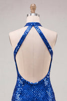 Laden Sie das Bild in den Galerie-Viewer, Glitzerndes königsblaues Bodycon Neckholder-Pailletten-Kurzes Homecoming-Kleid mit offenem Rücken