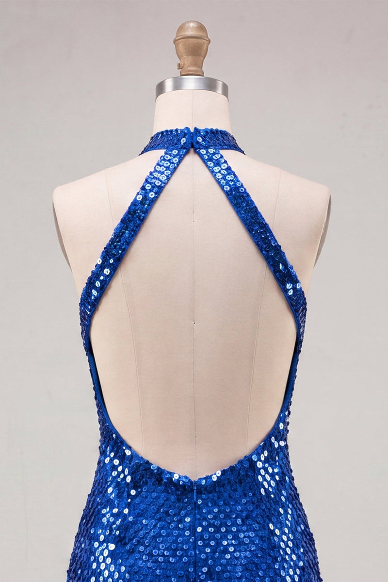 Laden Sie das Bild in den Galerie-Viewer, Glitzerndes königsblaues Bodycon Neckholder-Pailletten-Kurzes Homecoming-Kleid mit offenem Rücken