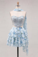 Laden Sie das Bild in den Galerie-Viewer, Sweetheart Hellblaues zweiteiliges A-Linien-Korsett, gestuftes Blumen-Homecoming-Kleid mit Perlenbesatz