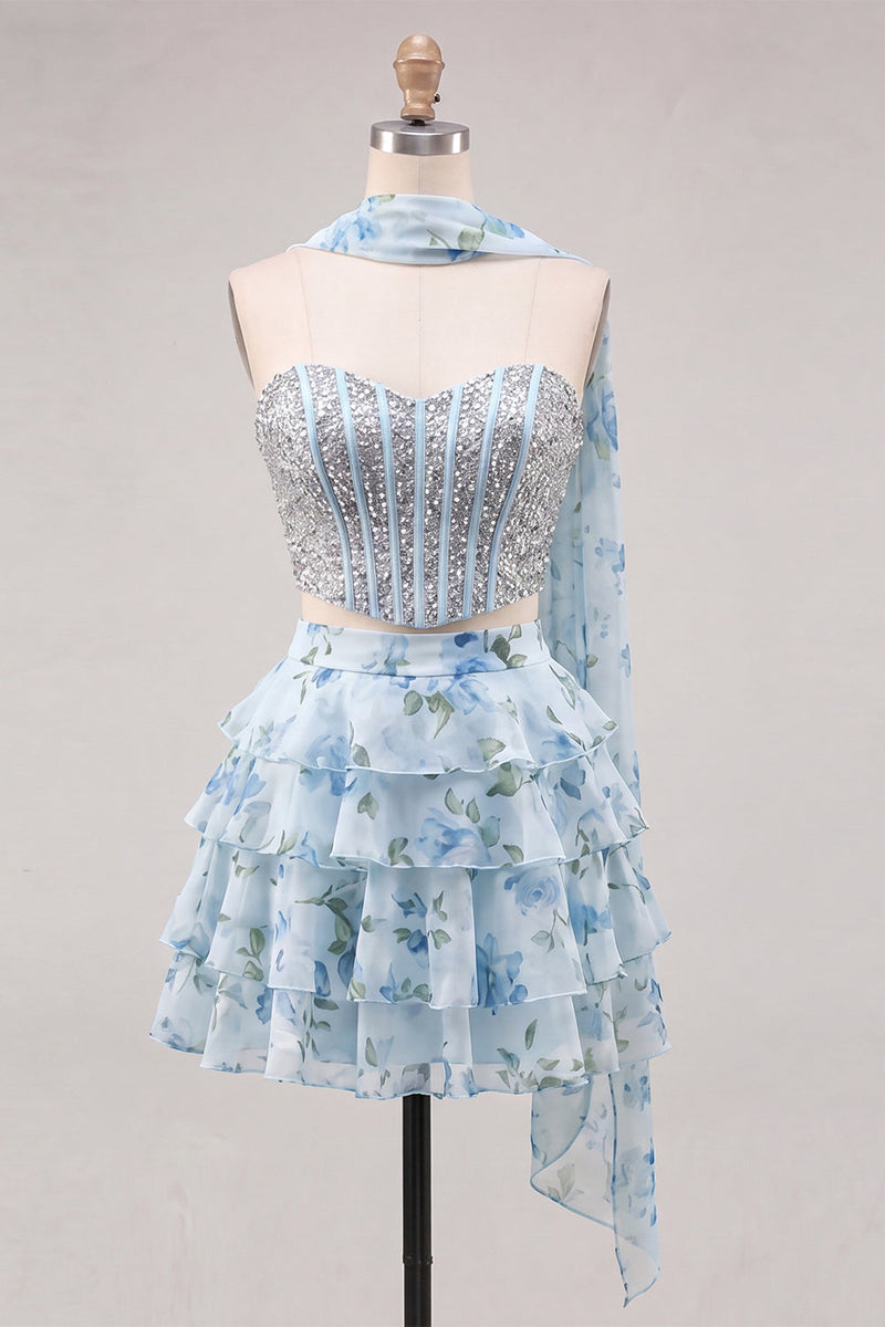 Laden Sie das Bild in den Galerie-Viewer, Sweetheart Hellblaues zweiteiliges A-Linien-Korsett, gestuftes Blumen-Homecoming-Kleid mit Perlenbesatz