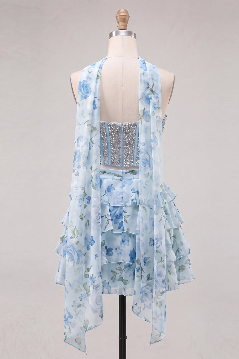 Laden Sie das Bild in den Galerie-Viewer, Sweetheart Hellblaues zweiteiliges A-Linien-Korsett, gestuftes Blumen-Homecoming-Kleid mit Perlenbesatz