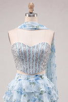Laden Sie das Bild in den Galerie-Viewer, Sweetheart Hellblaues zweiteiliges A-Linien-Korsett, gestuftes Blumen-Homecoming-Kleid mit Perlenbesatz