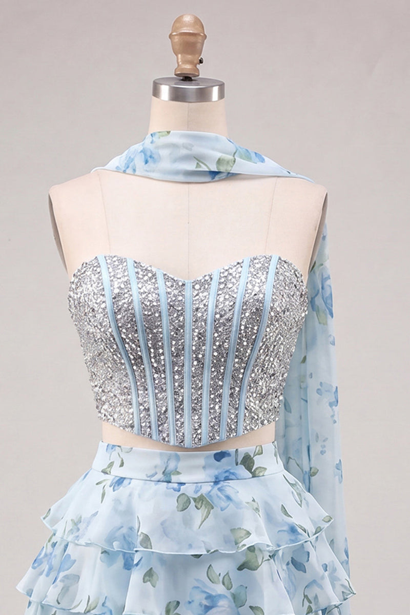 Laden Sie das Bild in den Galerie-Viewer, Sweetheart Hellblaues zweiteiliges A-Linien-Korsett, gestuftes Blumen-Homecoming-Kleid mit Perlenbesatz