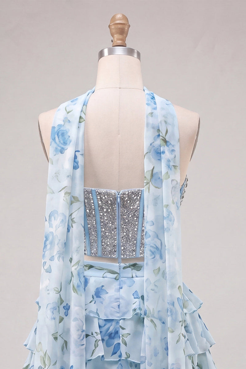 Laden Sie das Bild in den Galerie-Viewer, Sweetheart Hellblaues zweiteiliges A-Linien-Korsett, gestuftes Blumen-Homecoming-Kleid mit Perlenbesatz