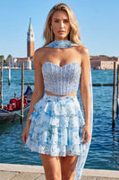 Laden Sie das Bild in den Galerie-Viewer, Sweetheart Hellblaues zweiteiliges A-Linien-Korsett, gestuftes Blumen-Homecoming-Kleid mit Perlenbesatz