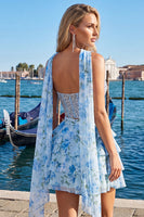 Laden Sie das Bild in den Galerie-Viewer, Sweetheart Hellblaues zweiteiliges A-Linien-Korsett, gestuftes Blumen-Homecoming-Kleid mit Perlenbesatz