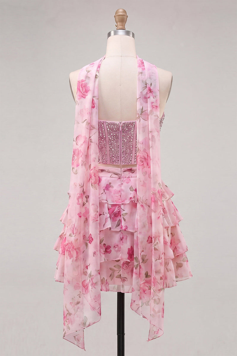 Laden Sie das Bild in den Galerie-Viewer, Sweetheart Hellblaues zweiteiliges A-Linien-Korsett, gestuftes Blumen-Homecoming-Kleid mit Perlenbesatz