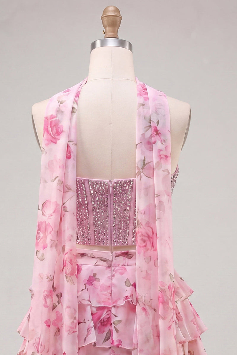 Laden Sie das Bild in den Galerie-Viewer, Sweetheart Hellblaues zweiteiliges A-Linien-Korsett, gestuftes Blumen-Homecoming-Kleid mit Perlenbesatz