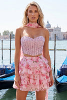 Laden Sie das Bild in den Galerie-Viewer, Sweetheart Hellblaues zweiteiliges A-Linien-Korsett, gestuftes Blumen-Homecoming-Kleid mit Perlenbesatz