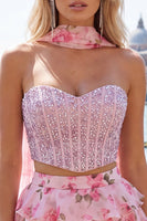 Laden Sie das Bild in den Galerie-Viewer, Sweetheart Hellblaues zweiteiliges A-Linien-Korsett, gestuftes Blumen-Homecoming-Kleid mit Perlenbesatz