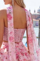 Laden Sie das Bild in den Galerie-Viewer, Sweetheart Hellblaues zweiteiliges A-Linien-Korsett, gestuftes Blumen-Homecoming-Kleid mit Perlenbesatz