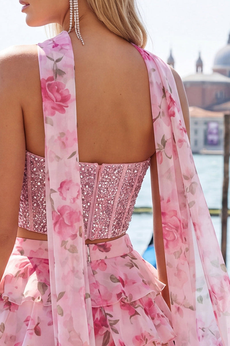Laden Sie das Bild in den Galerie-Viewer, Sweetheart Hellblaues zweiteiliges A-Linien-Korsett, gestuftes Blumen-Homecoming-Kleid mit Perlenbesatz
