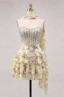 Laden Sie das Bild in den Galerie-Viewer, Sweetheart Hellblaues zweiteiliges A-Linien-Korsett, gestuftes Blumen-Homecoming-Kleid mit Perlenbesatz