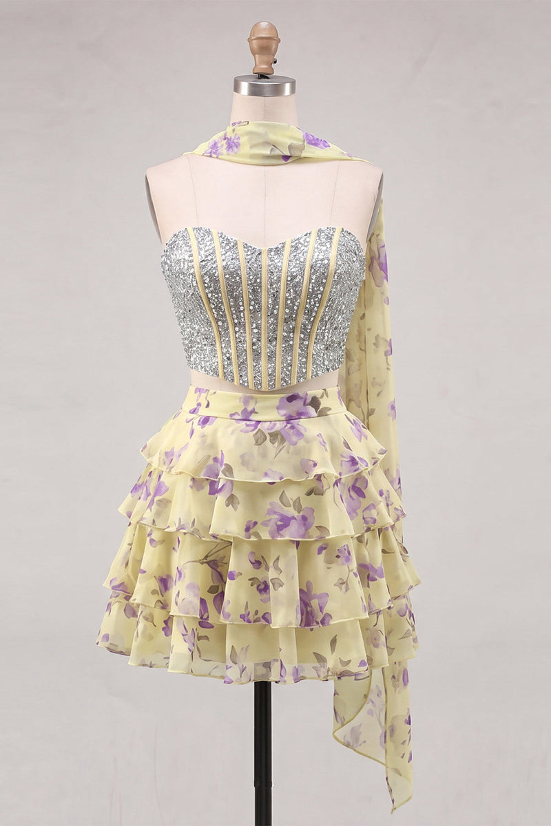 Laden Sie das Bild in den Galerie-Viewer, Sweetheart Hellblaues zweiteiliges A-Linien-Korsett, gestuftes Blumen-Homecoming-Kleid mit Perlenbesatz