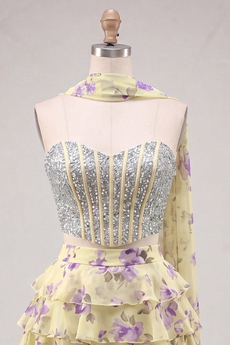 Laden Sie das Bild in den Galerie-Viewer, Sweetheart Hellblaues zweiteiliges A-Linien-Korsett, gestuftes Blumen-Homecoming-Kleid mit Perlenbesatz