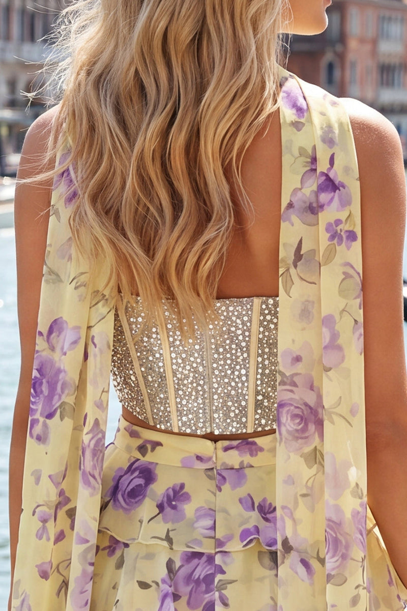 Laden Sie das Bild in den Galerie-Viewer, Sweetheart Hellblaues zweiteiliges A-Linien-Korsett, gestuftes Blumen-Homecoming-Kleid mit Perlenbesatz