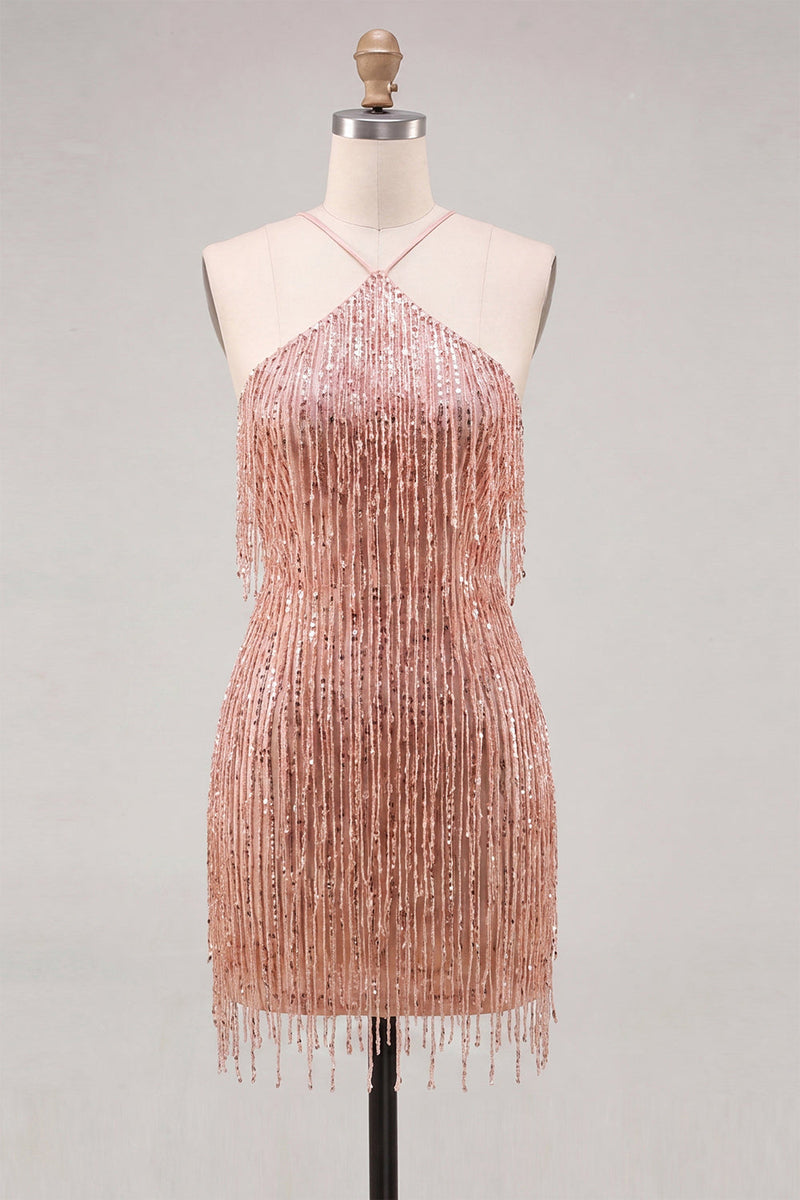 Laden Sie das Bild in den Galerie-Viewer, Dusty Rose Bodycon Halterhals-Pailletten-Homecoming-Kleid mit Fransen