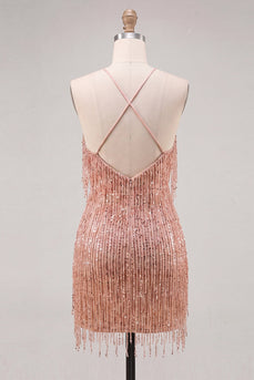 Dusty Rose Bodycon Halterhals Pailletten Kurzes Abendkleid mit Fransen