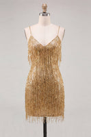 Laden Sie das Bild in den Galerie-Viewer, Goldene Bodycon Spaghettiträger und Pailletten-Homecoming-Kleid mit Fransen