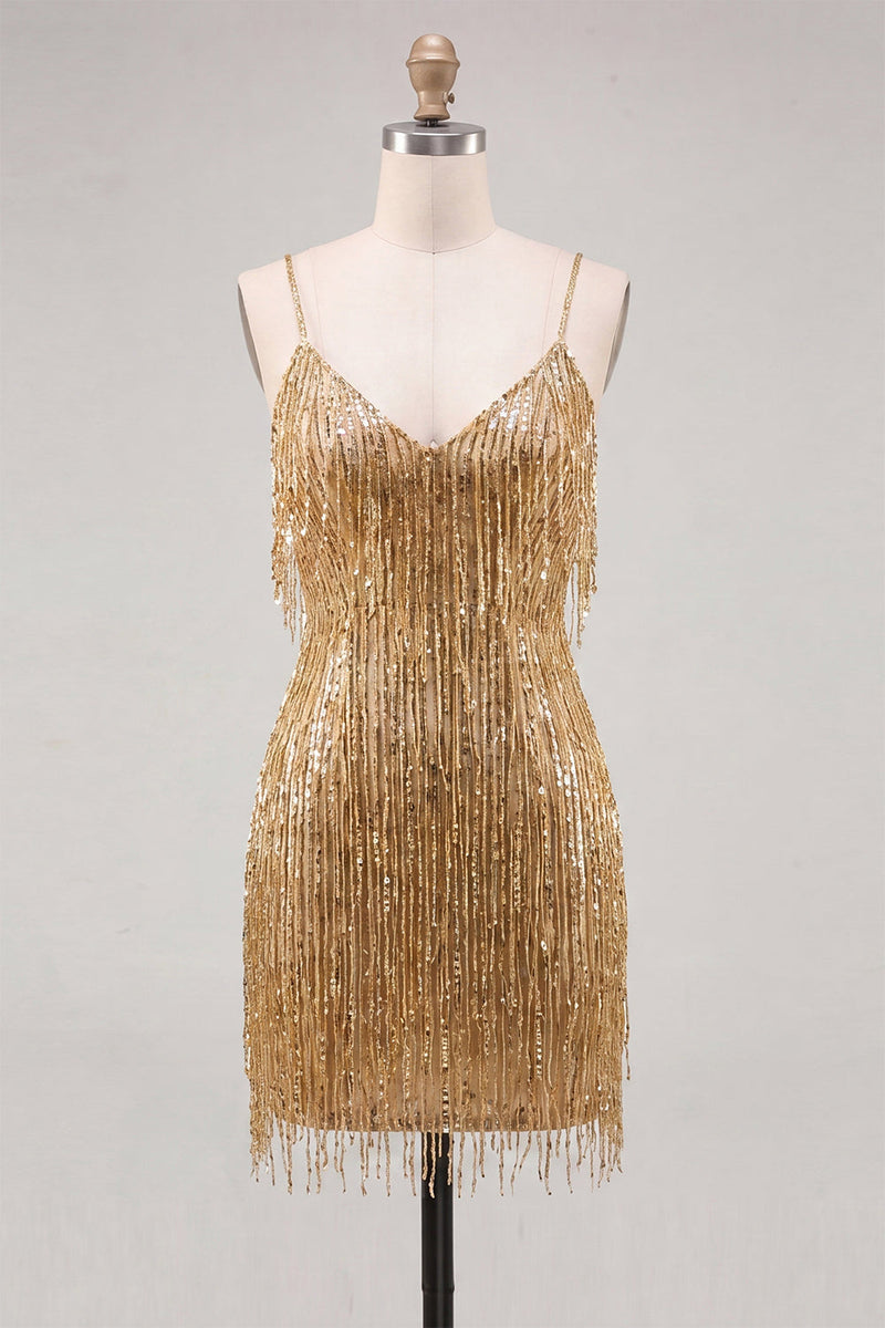 Laden Sie das Bild in den Galerie-Viewer, Goldene Bodycon Spaghettiträger und Pailletten-Homecoming-Kleid mit Fransen