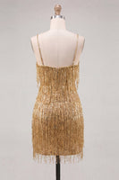 Laden Sie das Bild in den Galerie-Viewer, Goldene Bodycon Spaghettiträger und Pailletten-Homecoming-Kleid mit Fransen
