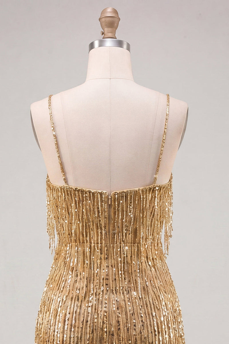 Laden Sie das Bild in den Galerie-Viewer, Goldene Bodycon Spaghettiträger und Pailletten-Homecoming-Kleid mit Fransen
