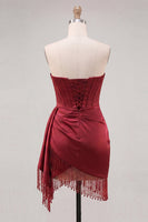 Laden Sie das Bild in den Galerie-Viewer, Burgunderfarbener Bodycon Sweetheart Korsett mit gerafftem Fransen, Spitzen-Zurück-Homecoming-Kleid