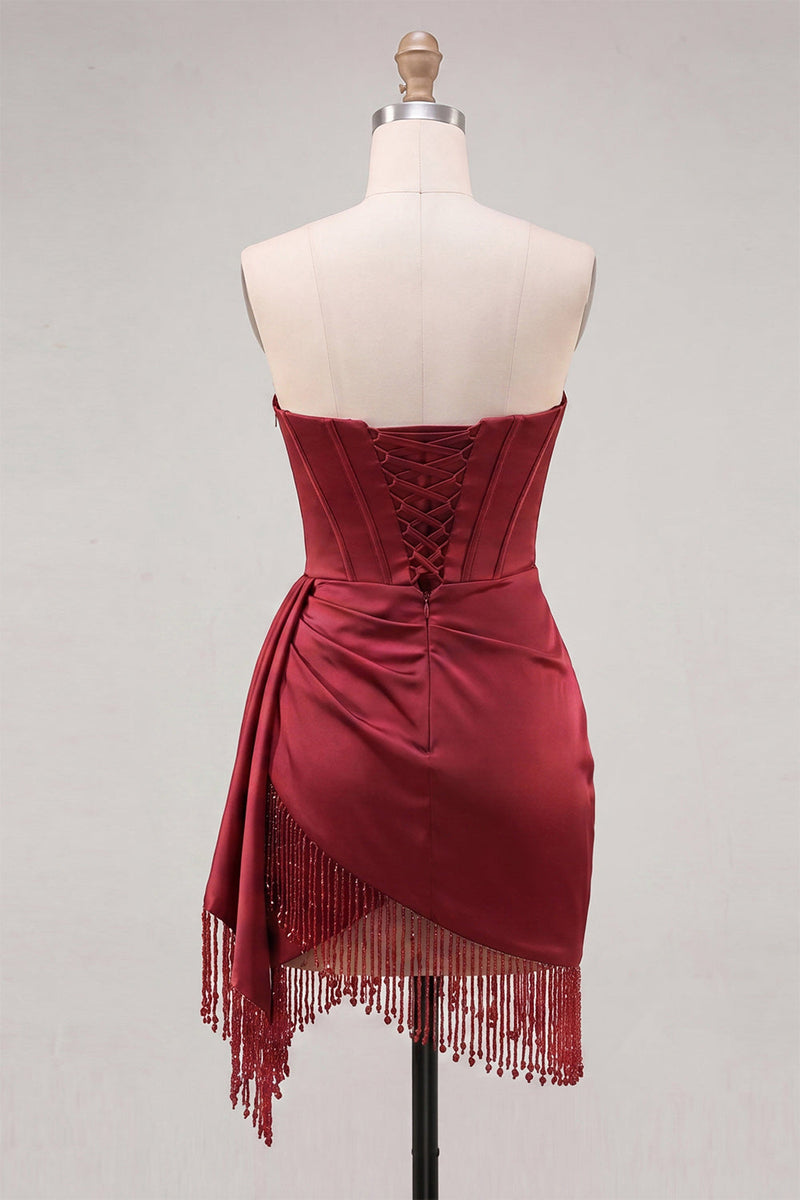 Laden Sie das Bild in den Galerie-Viewer, Burgunderfarbener Bodycon Sweetheart Korsett mit gerafftem Fransen, Spitzen-Zurück-Homecoming-Kleid