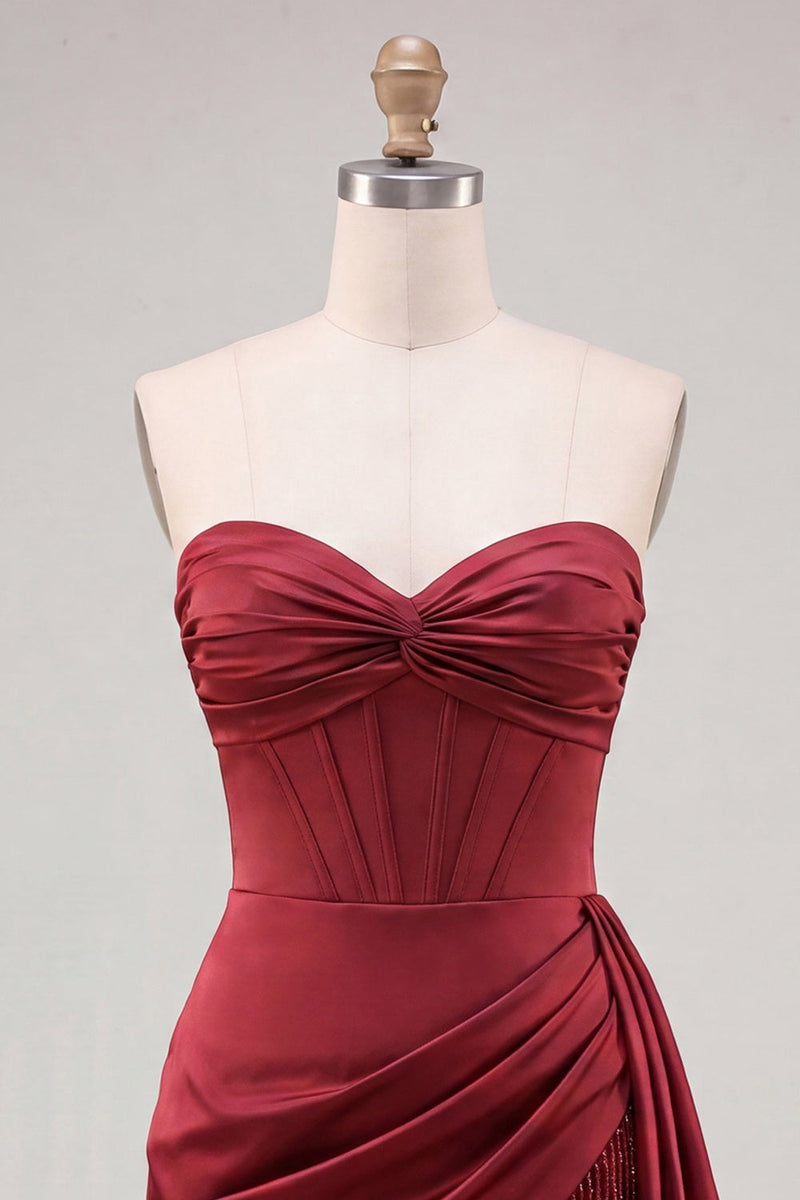 Laden Sie das Bild in den Galerie-Viewer, Burgunderfarbener Bodycon Sweetheart Korsett mit gerafftem Fransen, Spitzen-Zurück-Homecoming-Kleid