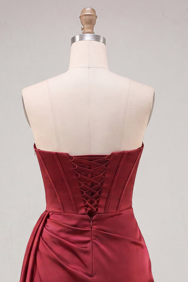 Laden Sie das Bild in den Galerie-Viewer, Burgunderfarbener Bodycon Sweetheart Korsett mit gerafftem Fransen, Spitzen-Zurück-Homecoming-Kleid