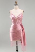Laden Sie das Bild in den Galerie-Viewer, Pinkes Bodycon Korsett Gerafftes Fransen Kurzes Abendkleid