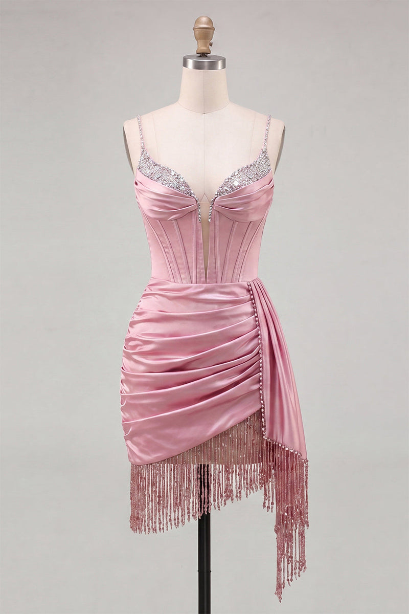 Laden Sie das Bild in den Galerie-Viewer, Pinkes Bodycon-Korsett mit gerafftem Fransen, kurzem Homecoming-Kleid mit Ärpe